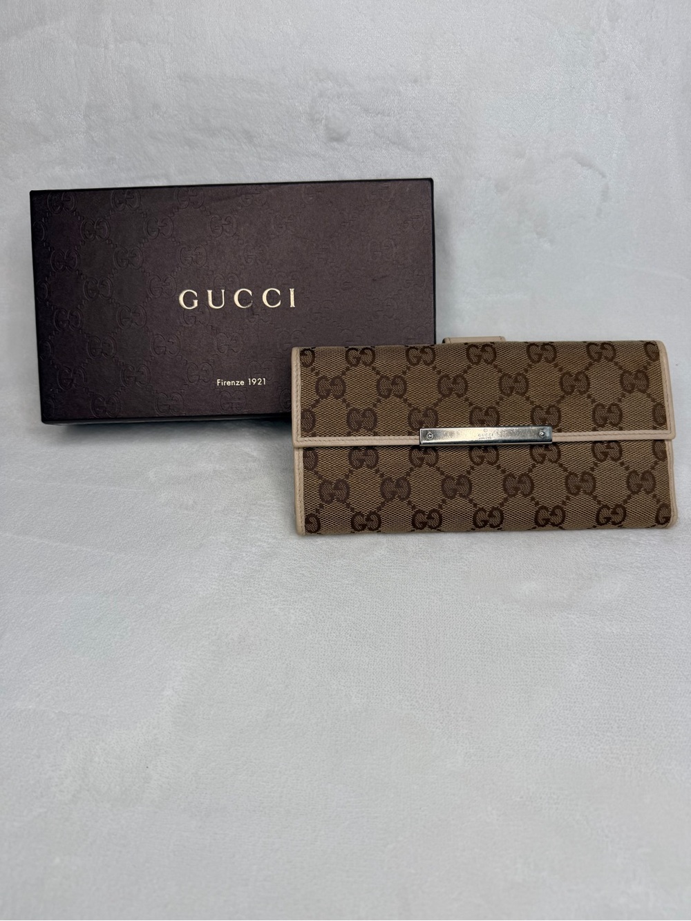 Gucci Brown/Tan Signature GG Canvas Long Wallet with Leather Trim/Silver Plate
